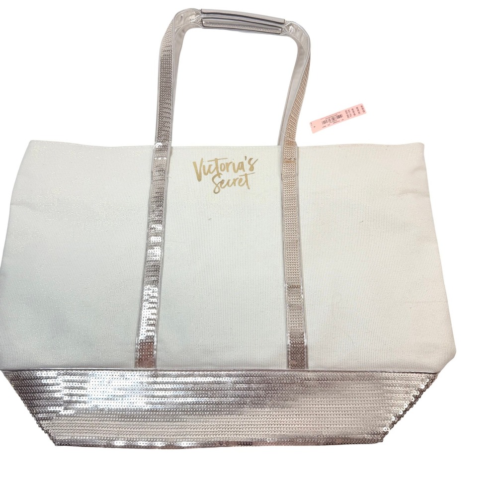 Victoria's Secret Sequin Canvas Tote Bag Women OS Cream Gold Sparkle Holiday